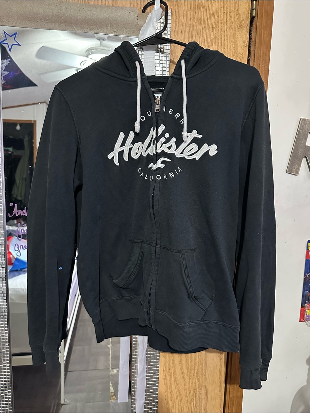 Hollister Black Zip Hoodie with White Logo & Drawstrings